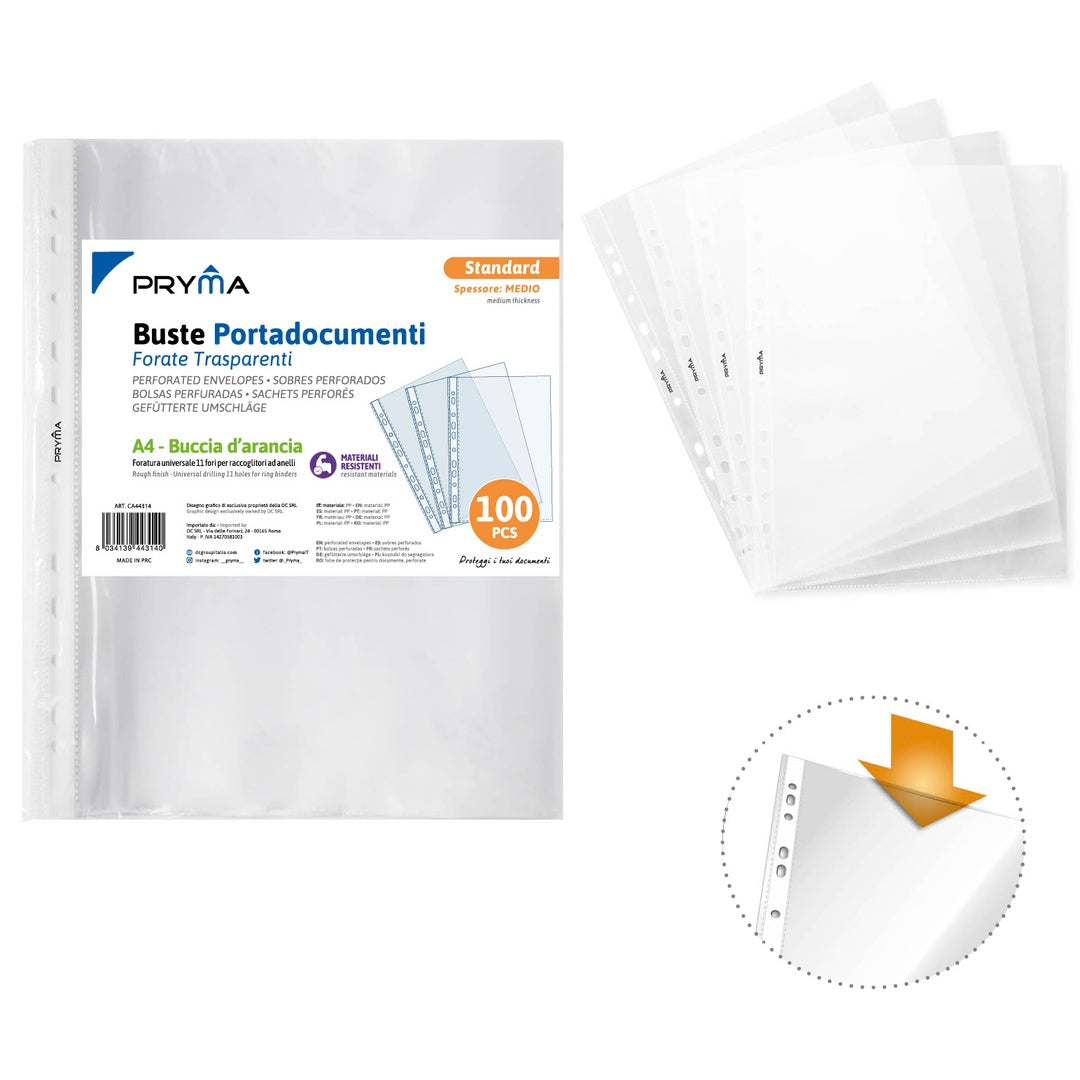 Pryma Buste Forate Portadocumenti A4 Standard – 100 Pezzi – Buste Trasparenti Ruvide con Foratura Universale – Resistenti e Antistrappo