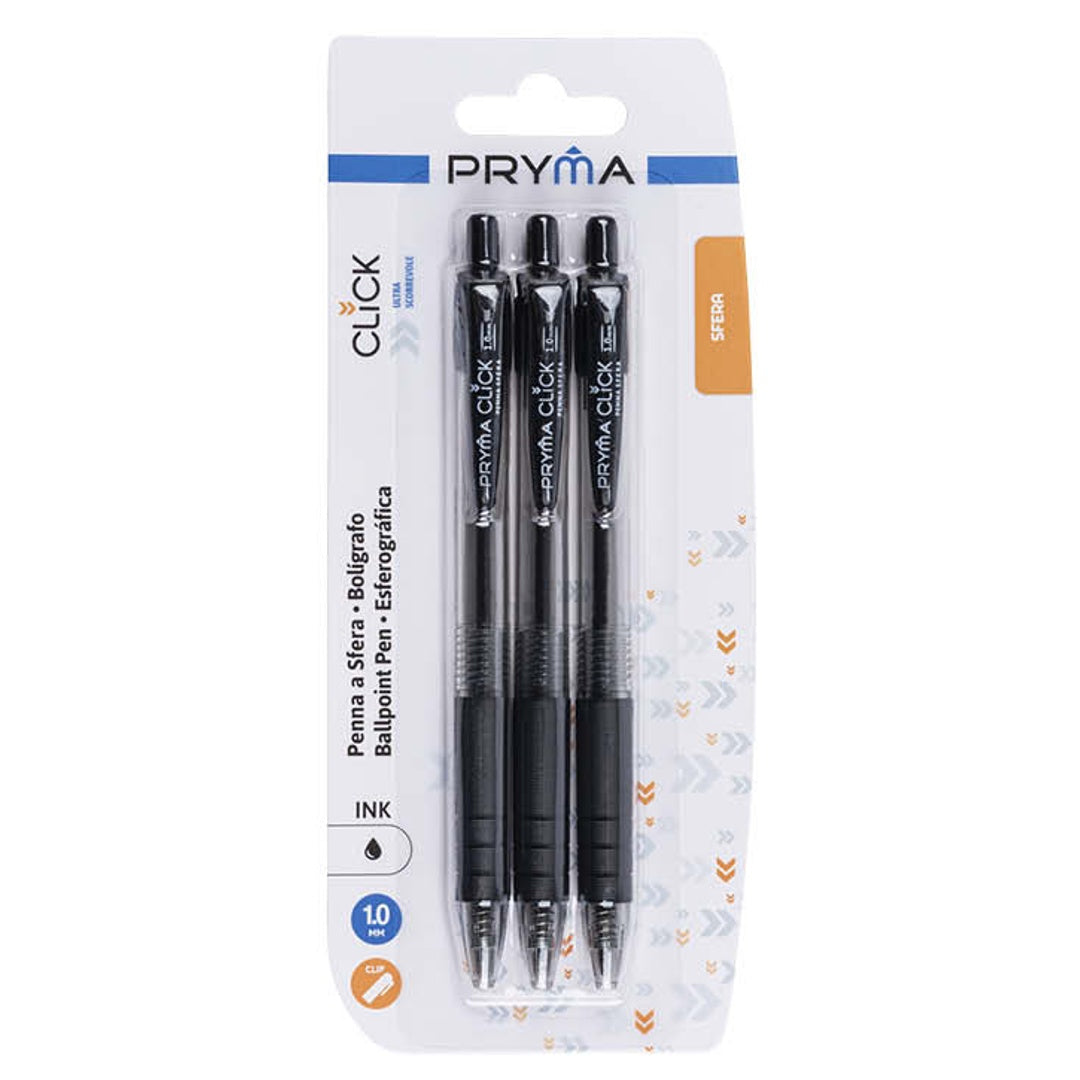 Pryma Penna a Sfera a Scatto Click Punta 0,7 Mm 3 Pz– Scrittura Fluida e Precisione (Nero)