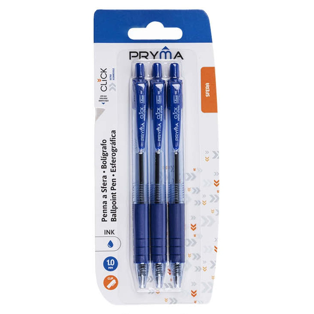 Pryma Penna a Sfera a Scatto Click Punta 0,7 Mm 3 Pz– Scrittura Fluida e Precisione (Blu)