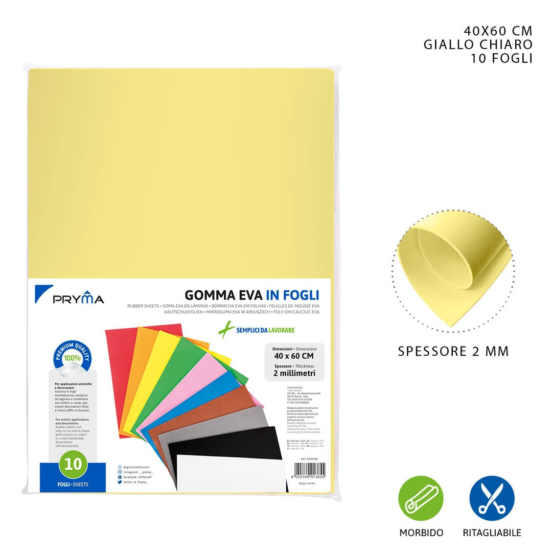 [2 PZ] Pryma Foglio Gomma Eva 40X60Cm 2Mm Giallo Chiaro