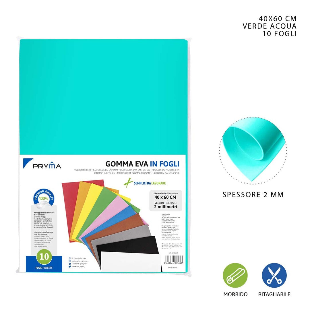 [2 PZ] Pryma Foglio Gomma Eva 40X60Cm 2Mm Verde Acqua