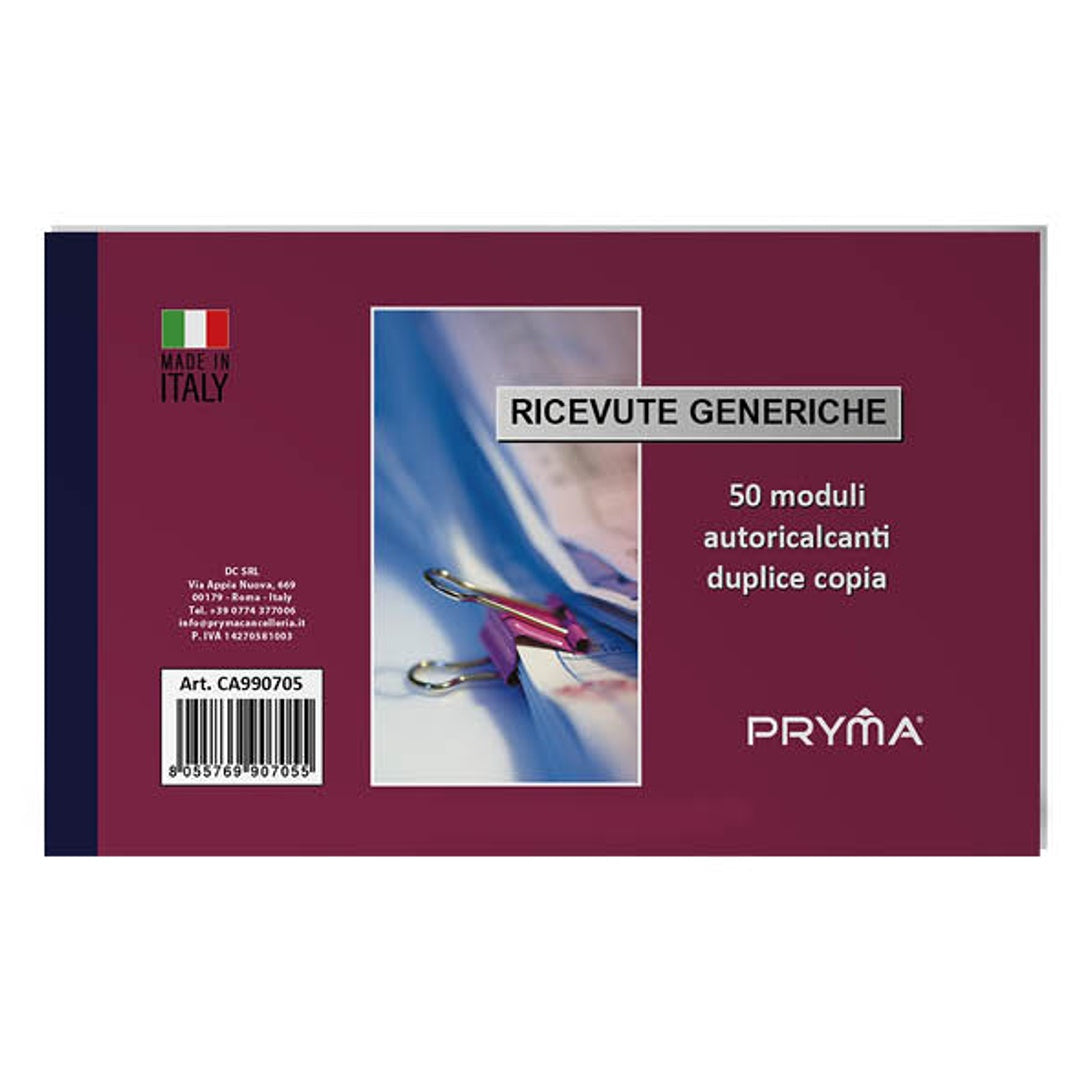 Pryma Blocco Ricevute Generiche – 2 Copie Autoricalcanti, 50x50 Fogli, Formato 17x10 cm, Ideale per Pagamenti e Transazioni