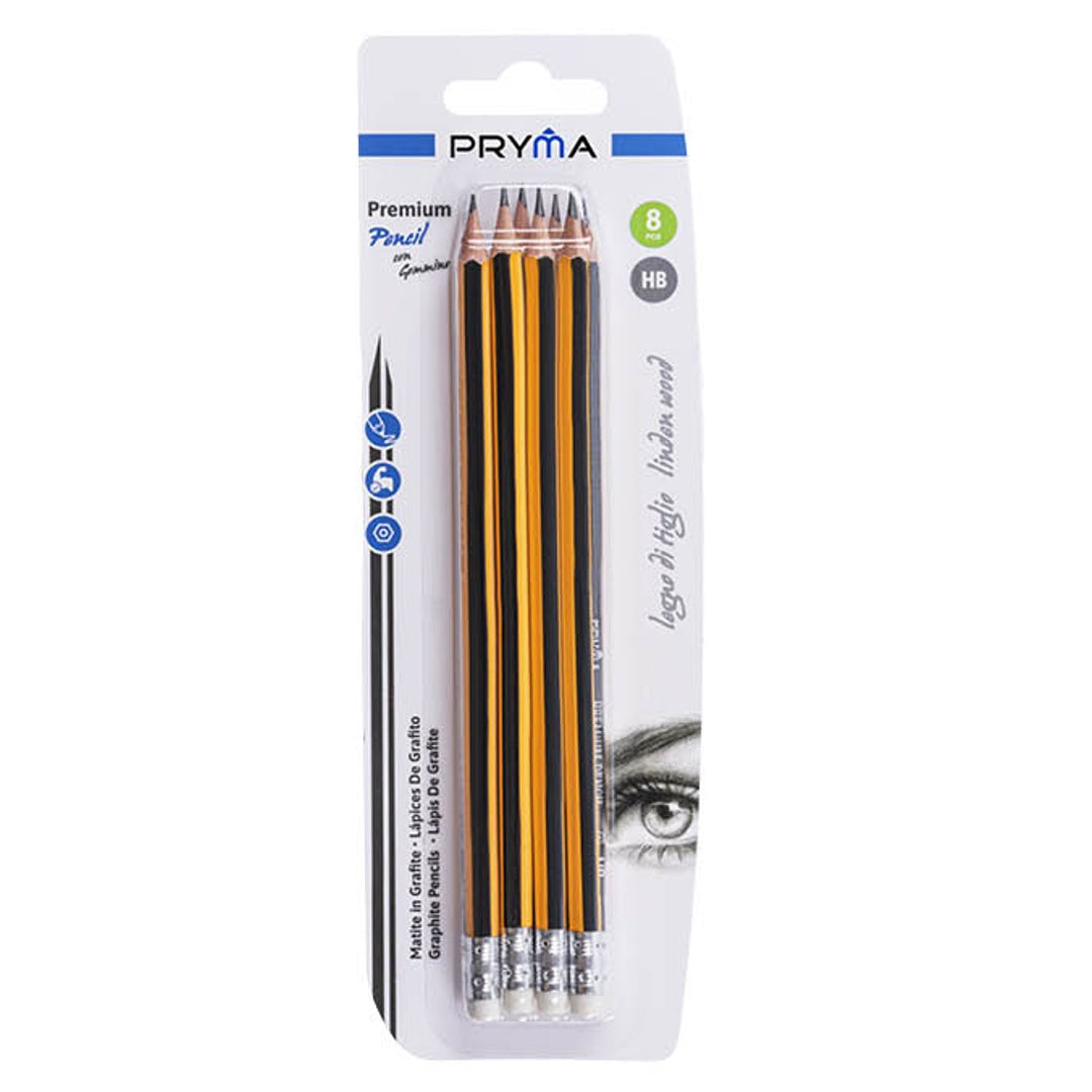 Pryma Set 8 Matite in Grafite Premium con Gommino HB - Ø 2,8 Mm, Ideali per Scuola, Ufficio e Disegno
