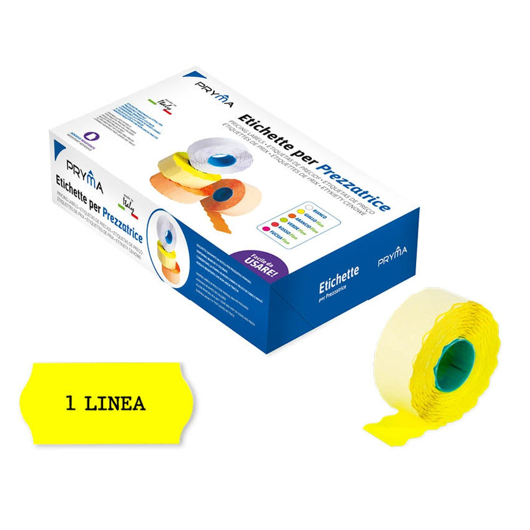 Pryma Etichette Adesive Prezzo 1 Linea 26x12 mm – 40 Rotoli Gialli per Prezzatrice | Etichette Resistenti e Ben Visibili per Negozi e Attività Commerciali