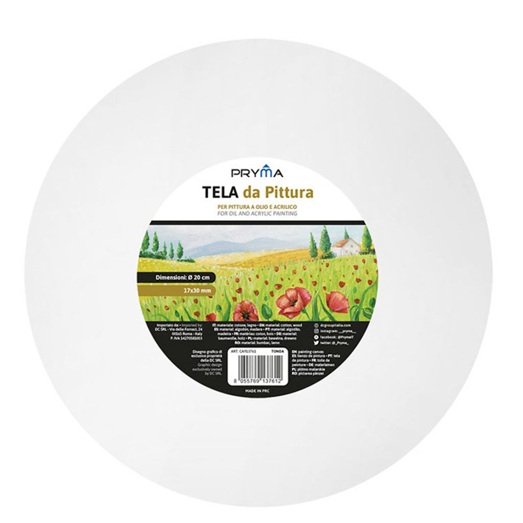 Pryma Tela Tonda da Pittura 20 cm – 100% Cotone – Tela Artistica su Telaio in Legno – Pronta all'Uso per Acrilico, Olio, Tempera