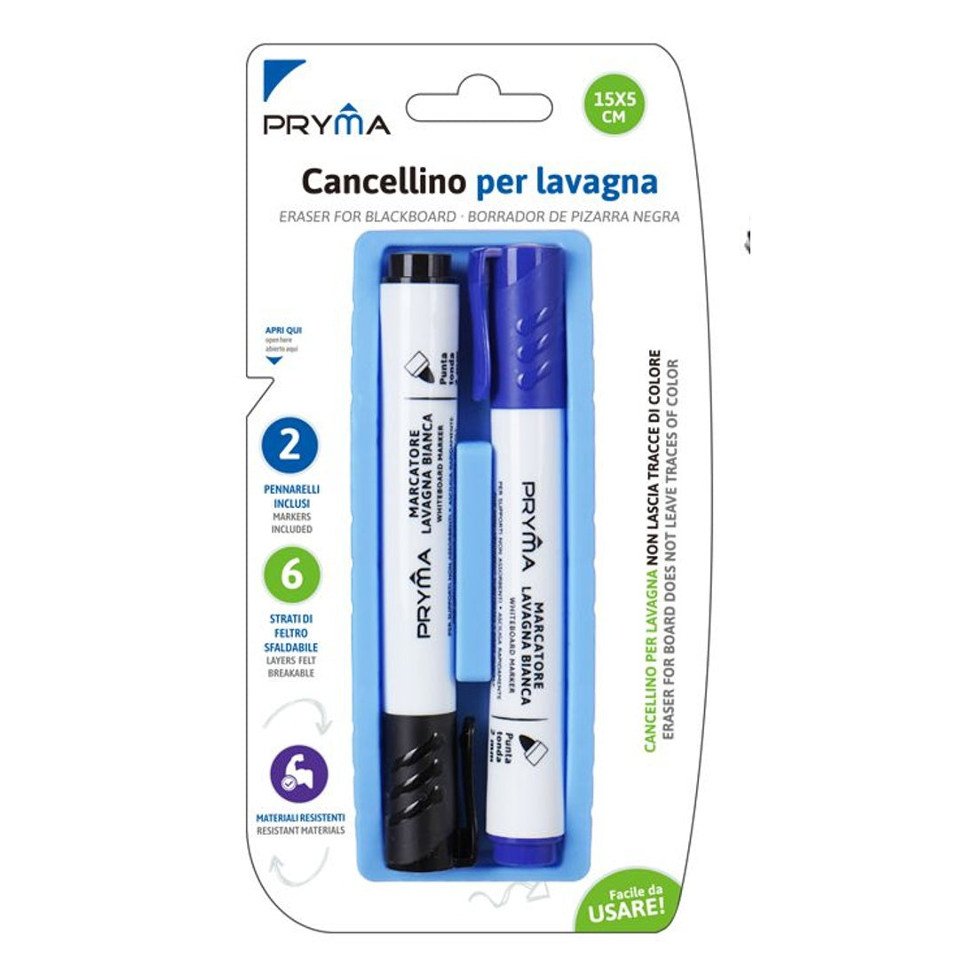 Pryma Cancellino per Lavagna Bianca 14x5 Cm + 2 Pennarelli Cancellabili (Blu e Nero) – Set Accessori Cancelleria Ufficio, Scuola, Casa