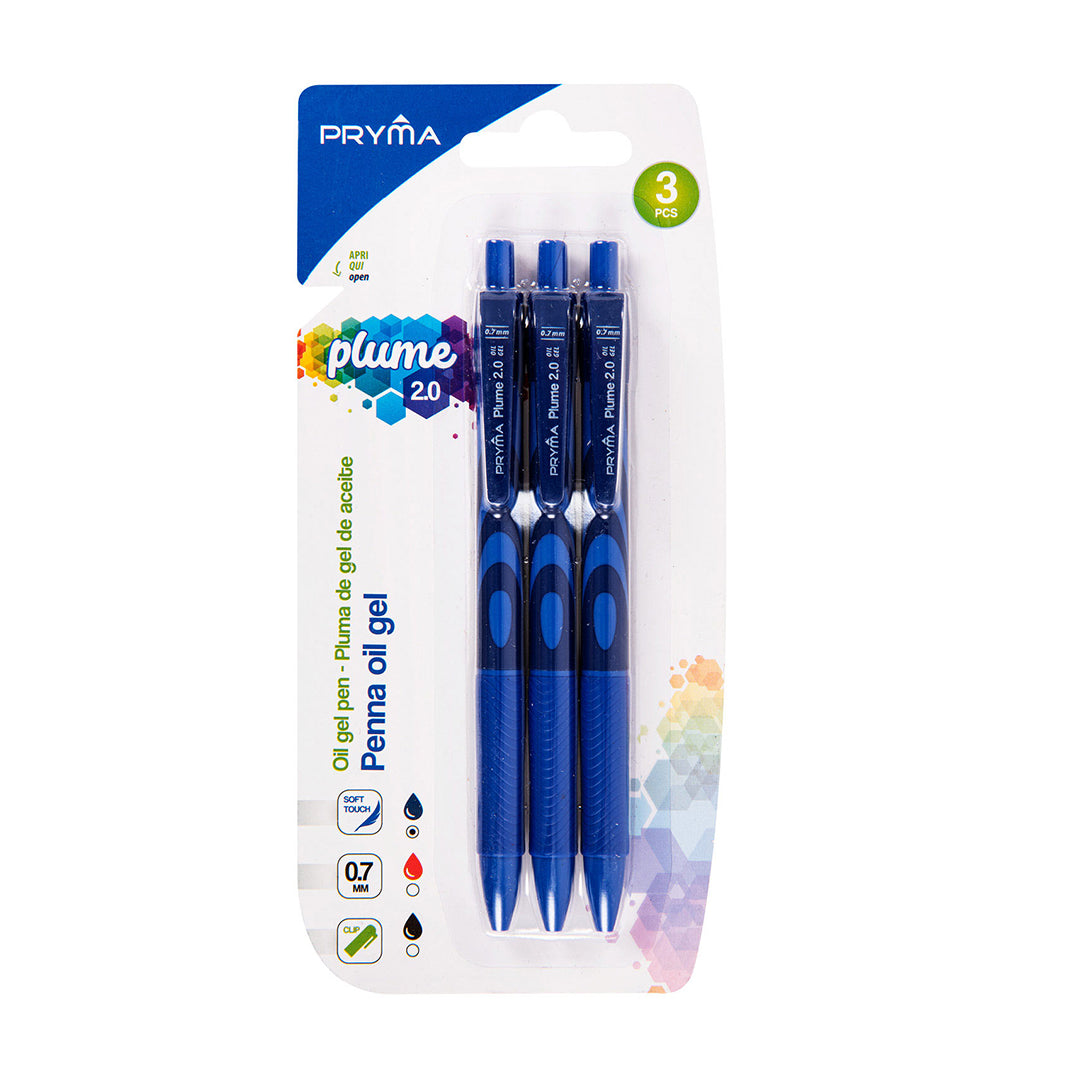 Penna Oil Gel Plume 2.0 - Set da 3 Penne a Sfera con Punta 0.7mm - Scrittura Fluida e Preciso - Colore Blu - Ideale per Scuola, Ufficio e Appunti
