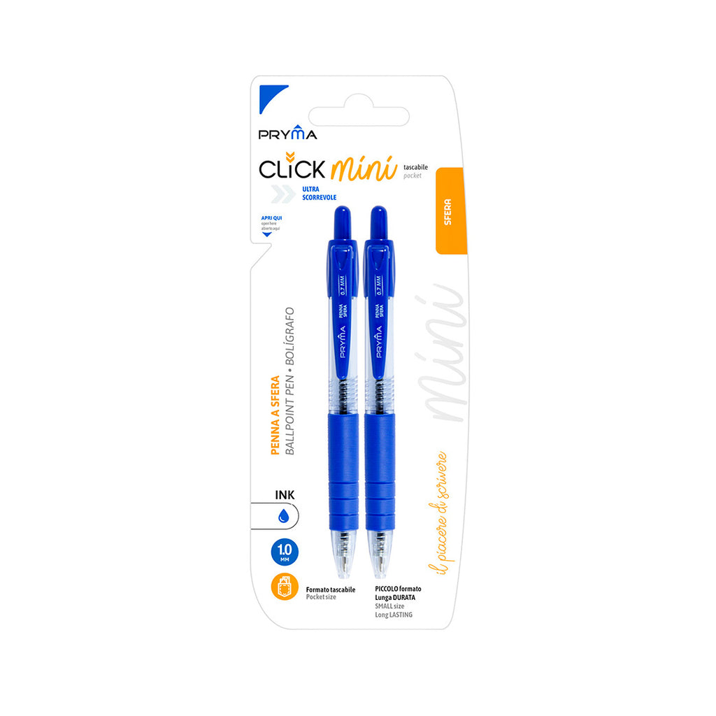 Pryma Penna Sfera Mini 0.7mm – Set 2 Pezzi Blu, Scrittura Scorrevole e Precisa, Compatta e Tascabile per Ufficio, Scuola e Agenda