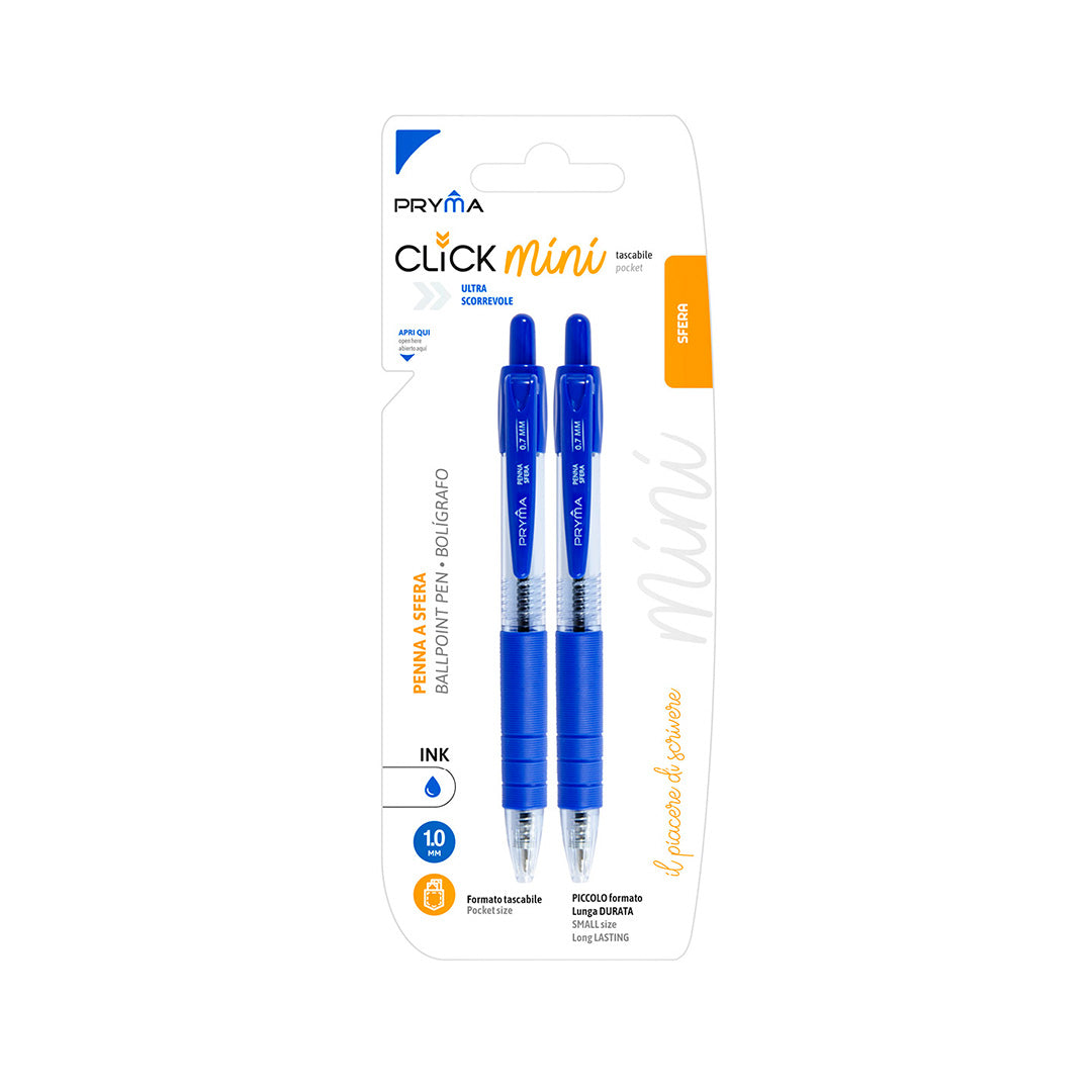 Pryma Penna Sfera Mini 0.7mm – Set 2 Pezzi Blu, Scrittura Scorrevole e Precisa, Compatta e Tascabile per Ufficio, Scuola e Agenda