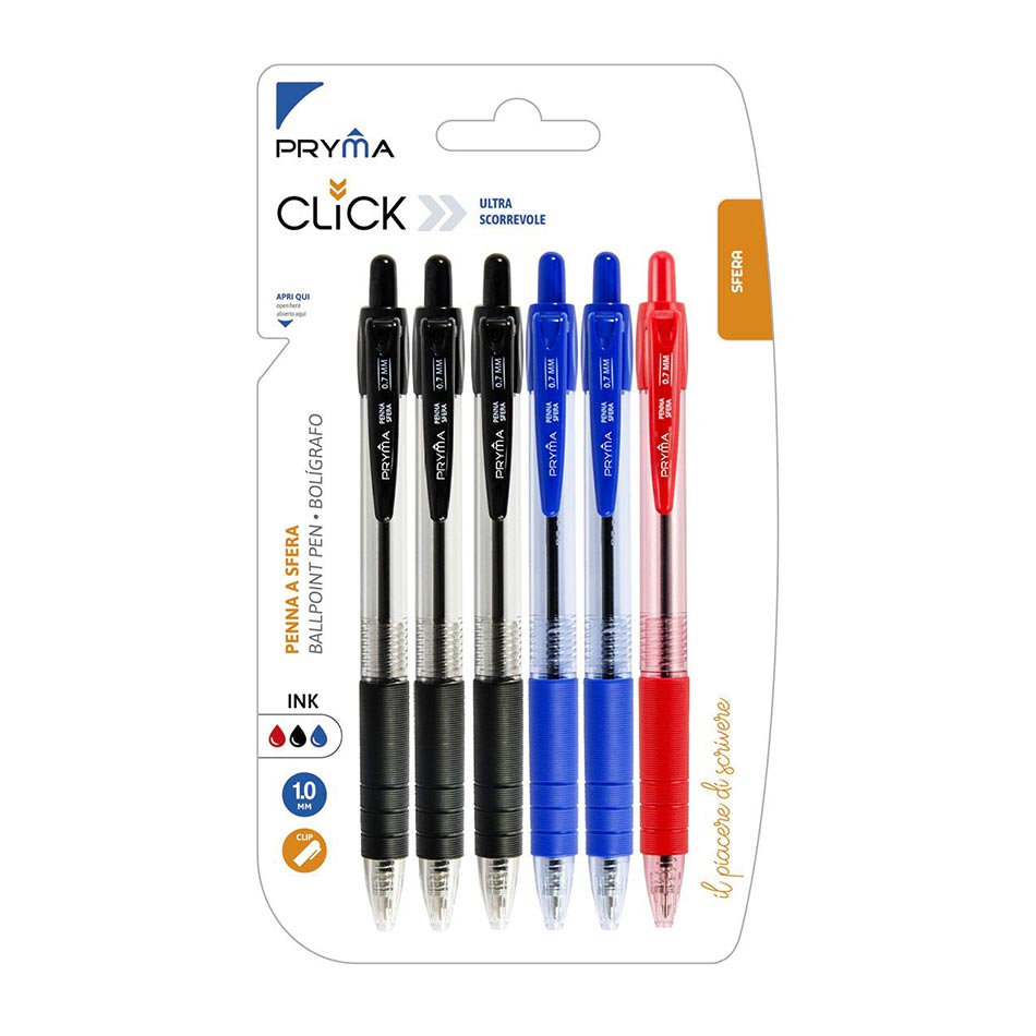 Penna Sfera Scatto Click 1Mm 6Pz Colori Assortiti