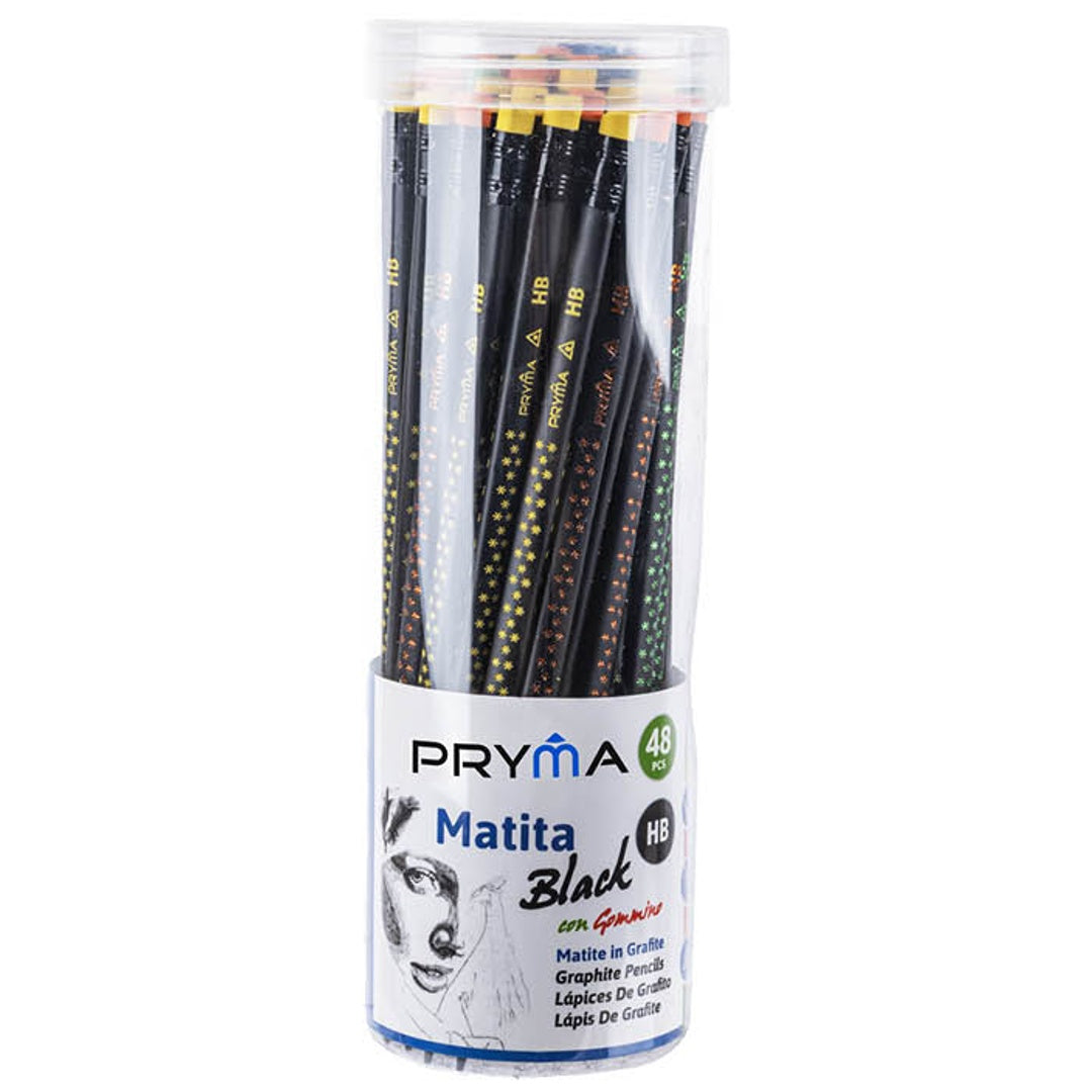 Pryma 48 Matite HB Grafite con Fusto in Legno Colorato, Confezione Tubo, Portatile e Conveniente, Da disegno con Gommino e Punta già Temperata, Matita Pronta all'uso, Fine Art, Multicolor (Black)