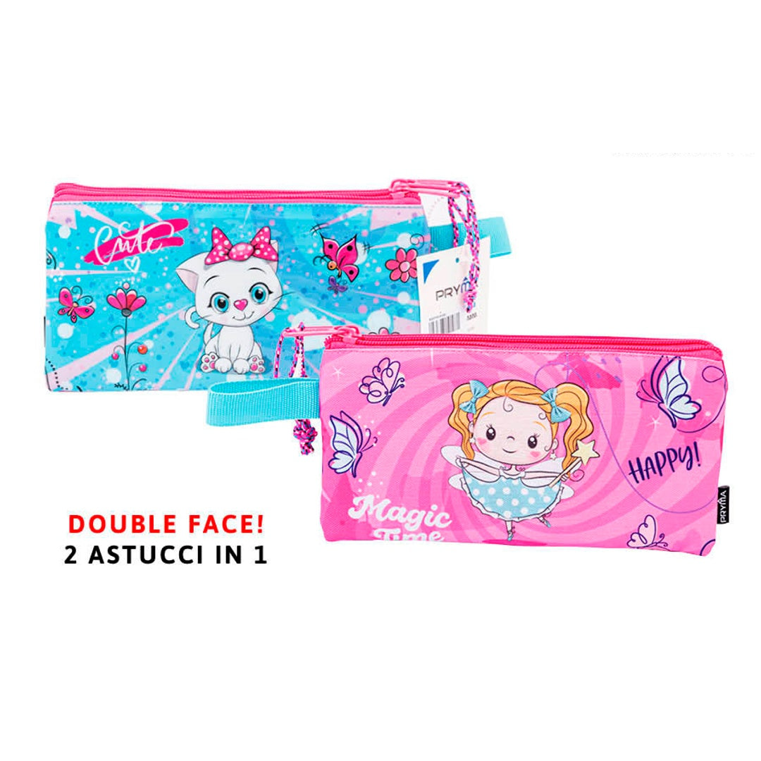 Pryma Astuccio Slim, Double Face, Doppia Zip, Portapenne Slim per Scuola Elementare e Infanzia, 22.5 X 12.5 Cm, 1 Zip, Bimba Ballerina e Gatto