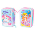 Pryma Astuccio 3 Scomparti, Double face, per Scuola Infanzia Elementari, 21 X 12.5 X 7 Cm, Pieno Con Accessori Scuola e 18 Pennarelli Giotto Turbo Color, 3 Zip (Bimba Sirena e Unicorno)