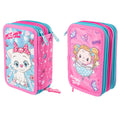 Pryma Astuccio 3 Scomparti, Double face, per Scuola Infanzia Elementari, 21 X 12.5 X 7 Cm, Pieno Con Accessori Scuola e 18 Pennarelli Giotto Turbo Color, 3 Zip (Bimba Ballerina e Gatto)