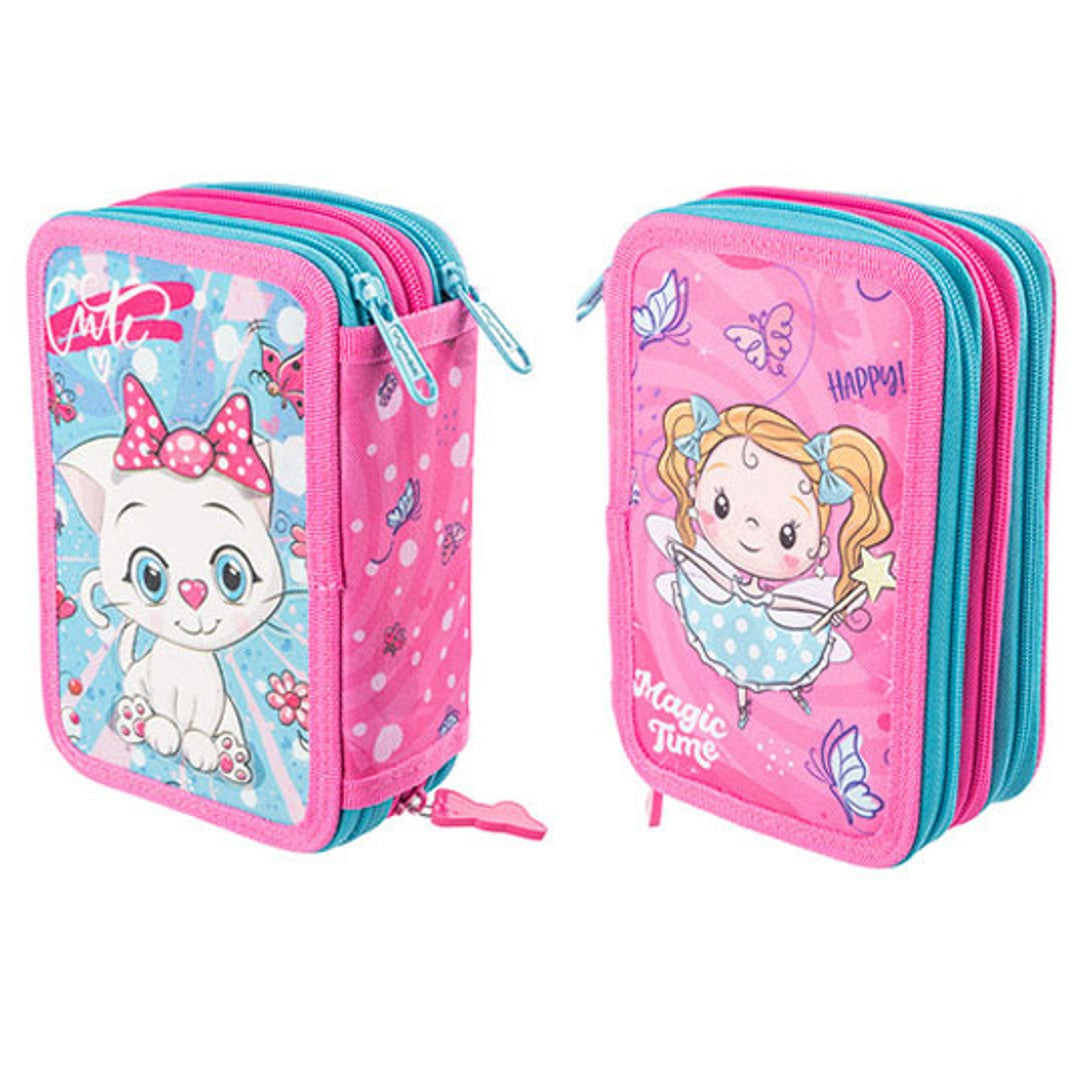 Pryma Astuccio 3 Scomparti, Double face, per Scuola Infanzia Elementari, 21 X 12.5 X 7 Cm, Pieno Con Accessori Scuola e 18 Pennarelli Giotto Turbo Color, 3 Zip (Bimba Ballerina e Gatto)