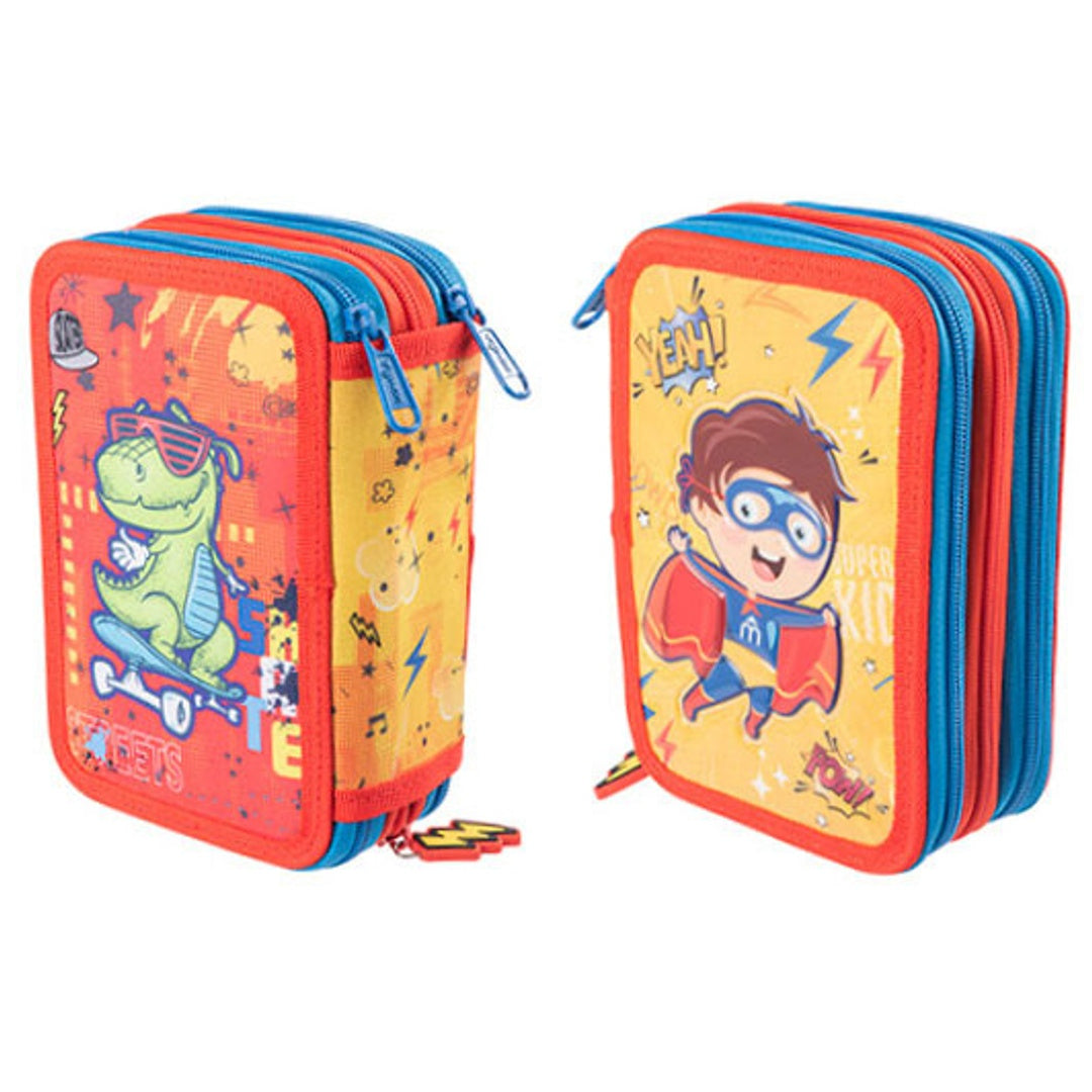 Pryma Astuccio 3 Scomparti, Double face, per Scuola Infanzia Elementari, 21 X 12.5 X 7 Cm, Pieno Con Accessori Scuola e 18 Pennarelli Giotto Turbo Color, 3 Zip (Bimbo Eroe e Dinosauro)