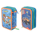 Pryma Astuccio 3 Scomparti, Double face, per Scuola Infanzia Elementari, 21 X 12.5 X 7 Cm, Pieno Con Accessori Scuola e 18 Pennarelli Giotto Turbo Color, 3 Zip (Bimbo Tigre e Macchina)