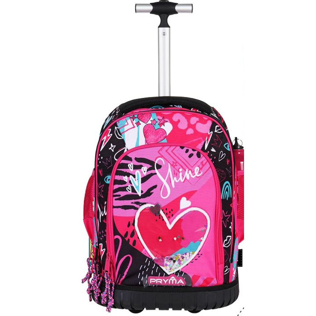 Pryma Zaino Trolley Scuola Elementare Bambina 48x33x23 Cm - Capiente 36L con Borraccia Omaggio, Design Cuore, Zaino con Ruote