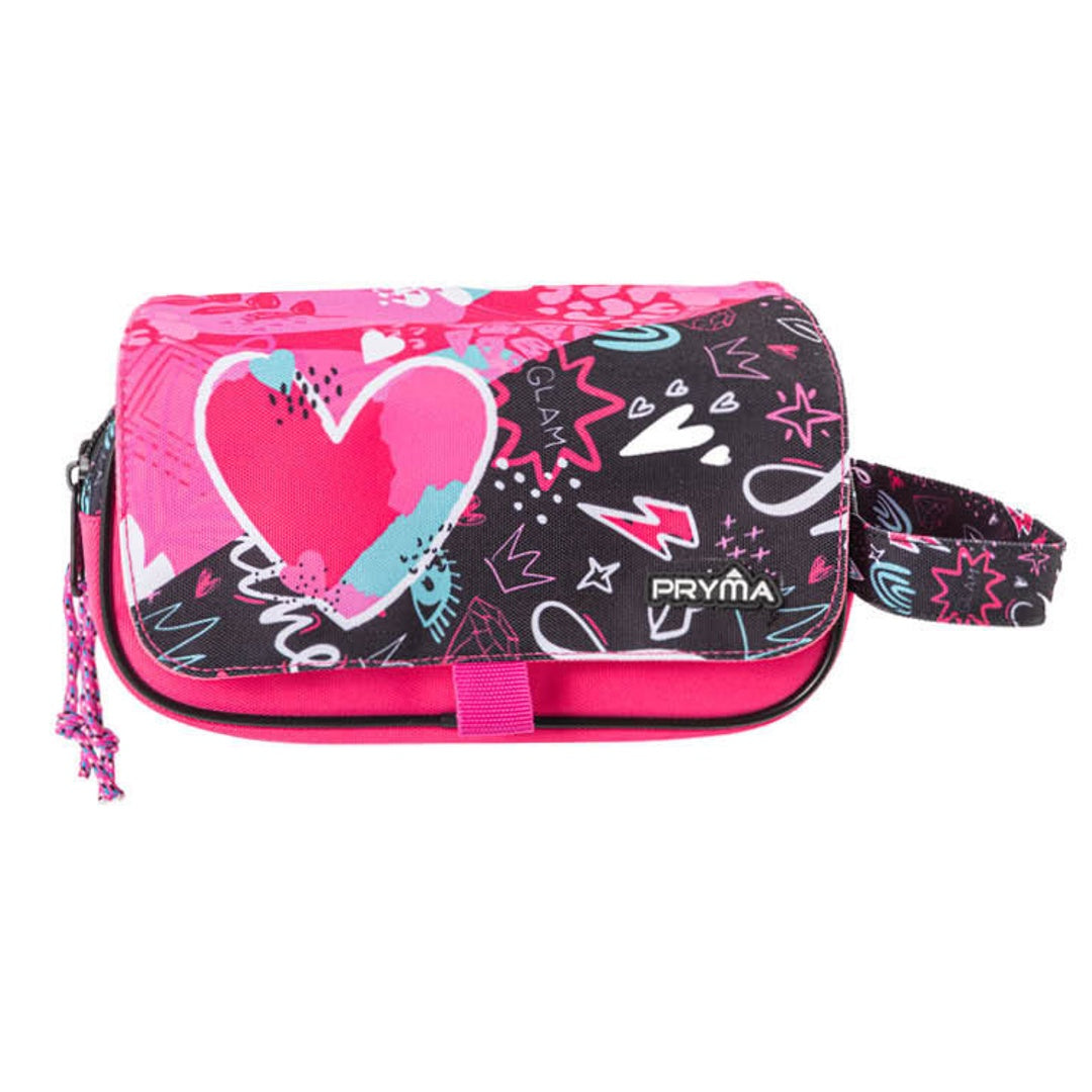 Pryma Astuccio Capiente 3 Scomparti, per Scuola Elementare e Media, 21 X 10.5 X 7 Cm, 3 Zip, Coperchio con Velcro con Etichetta Scrivibile (Cuore Bimba)