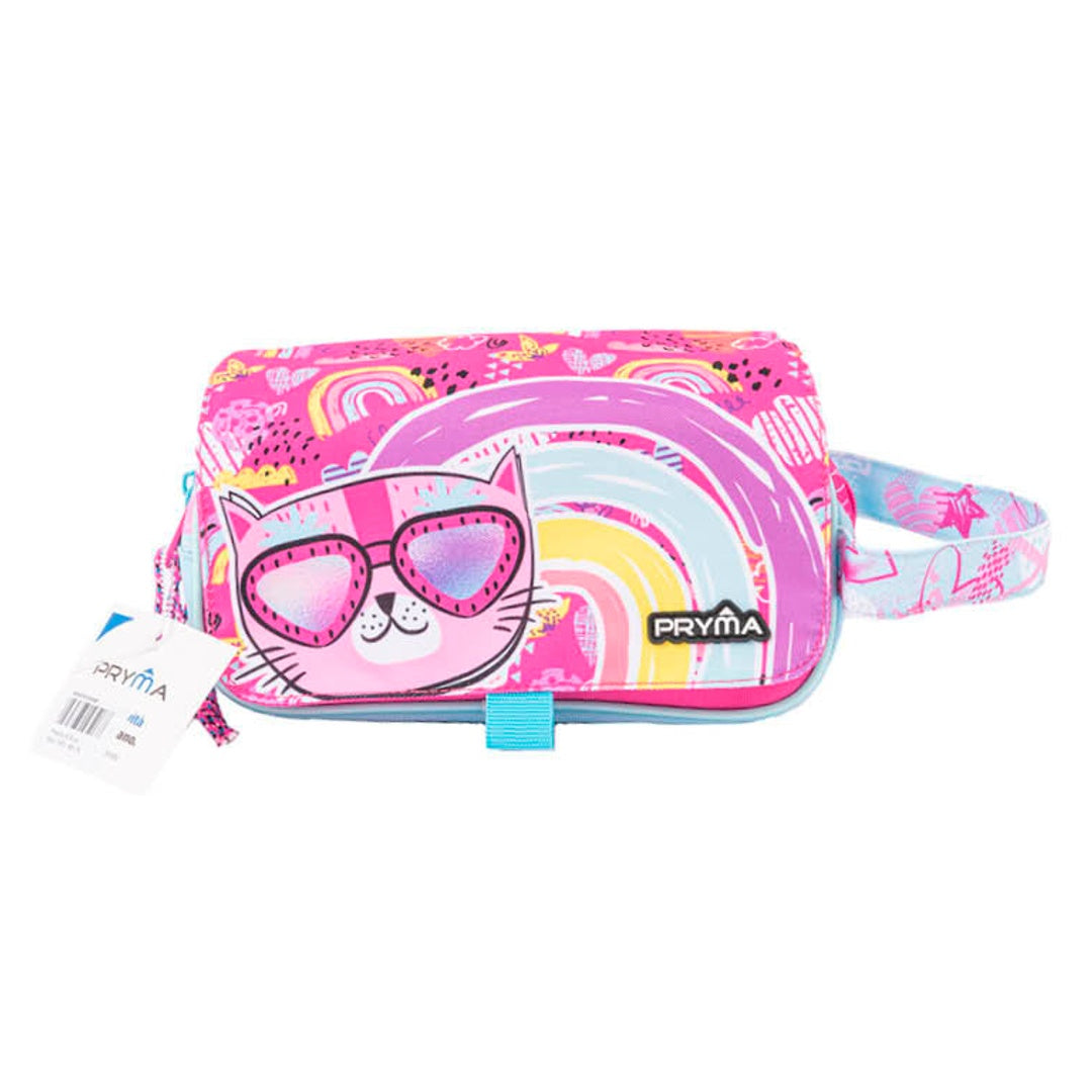 Pryma Astuccio Capiente 3 Scomparti, per Scuola Elementare e Media, 21 X 10.5 X 7 Cm, 3 Zip, Coperchio con Velcro con Etichetta Scrivibile (Gatto Bimba)