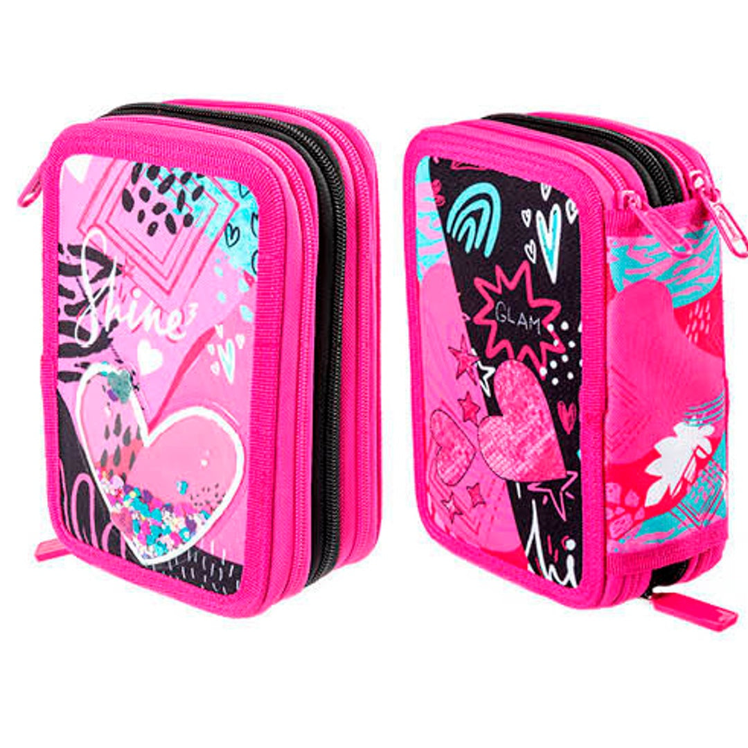 Pryma Astuccio 3 Scomparti per Scuola Elementare 21x12.5x7 Cm - Completo di Accessori, 18 Pennarelli Giotto Turbo Color, 3 Zip, Design Cuore