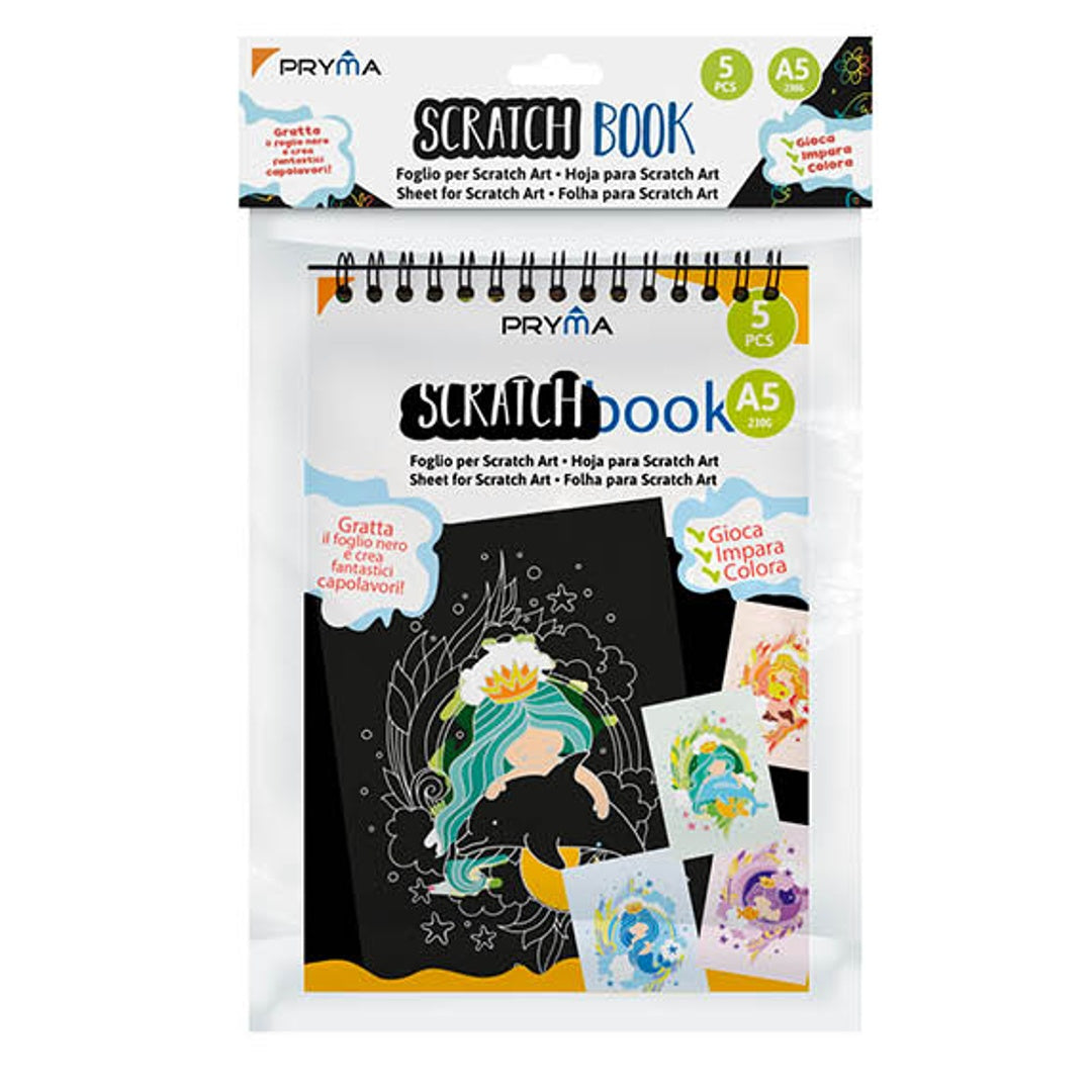 Pryma Scratch Book A5 14x20 cm – Album da Disegno Nero 230 g con 5 Fogli | Libro Creativo da Grattare per Bambini e Ragazzi (Bambine e Ragazze Modello 1)