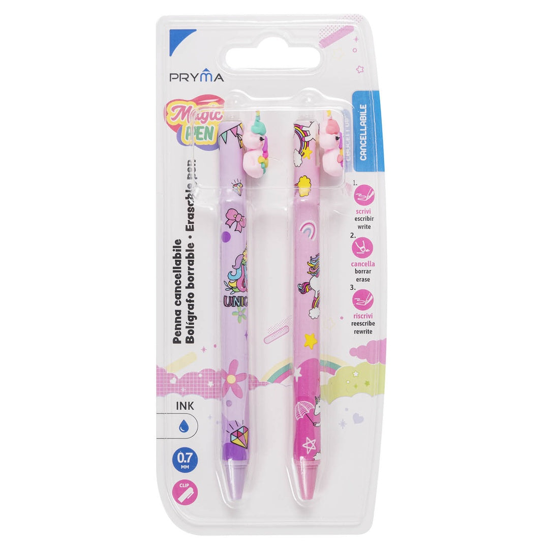 Pryma Magic Pen – Set 2 Penne a Sfera Cancellabili 0,7 Mm – Inchiostro Blu Cancellabile – Scrittura Fluida e Precisa (Fantasia Unicorno)