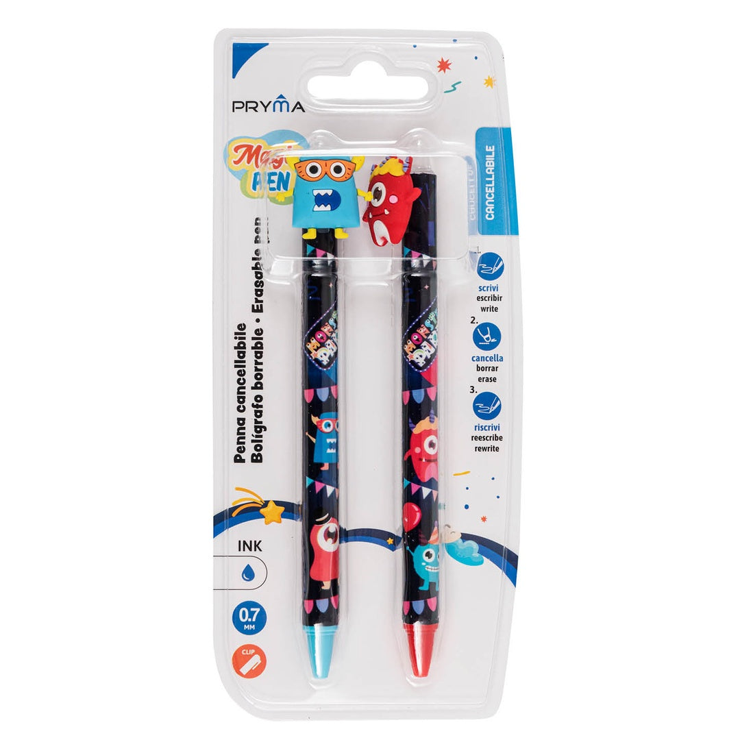 Pryma Magic Pen – Set 2 Penne a Sfera Cancellabili 0,7 Mm – Inchiostro Blu Cancellabile – Scrittura Fluida e Precisa (Fantasia Mostri)