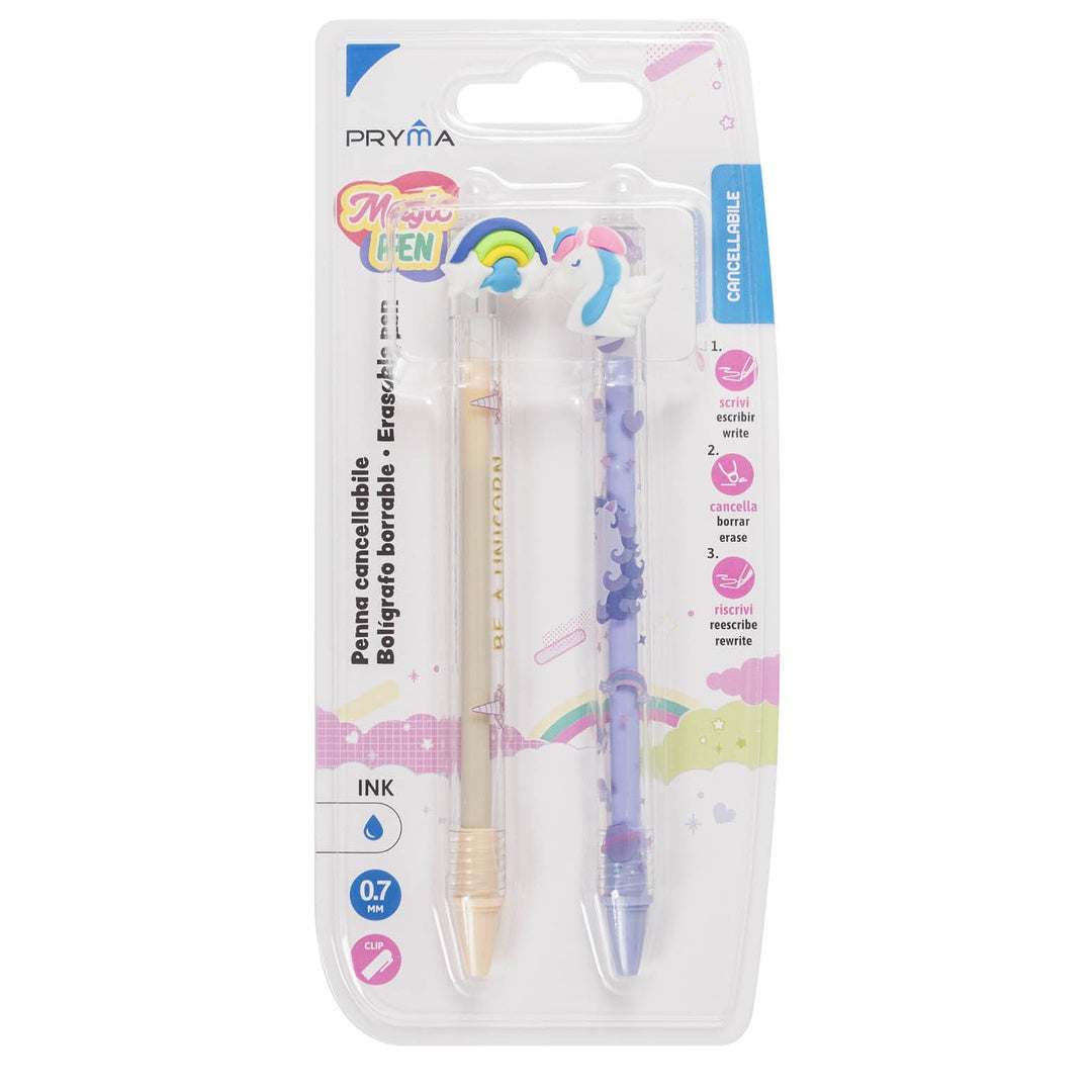 Pryma Magic Pen – Set 2 Penne a Sfera Cancellabili 0,7 Mm – Inchiostro Blu Cancellabile – Scrittura Fluida e Precisa (Fantasia Arcobaleno)