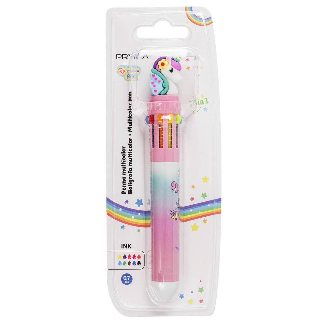 Pryma Penna a Sfera Cancellabile Multicolore 10 in 1 – Punta 0.7 mm – Penna a Sfera con 10 Colori Scrittura Scorrevole – Fantasia Unicorno – Ideale per Bambini, Scuola e Diario