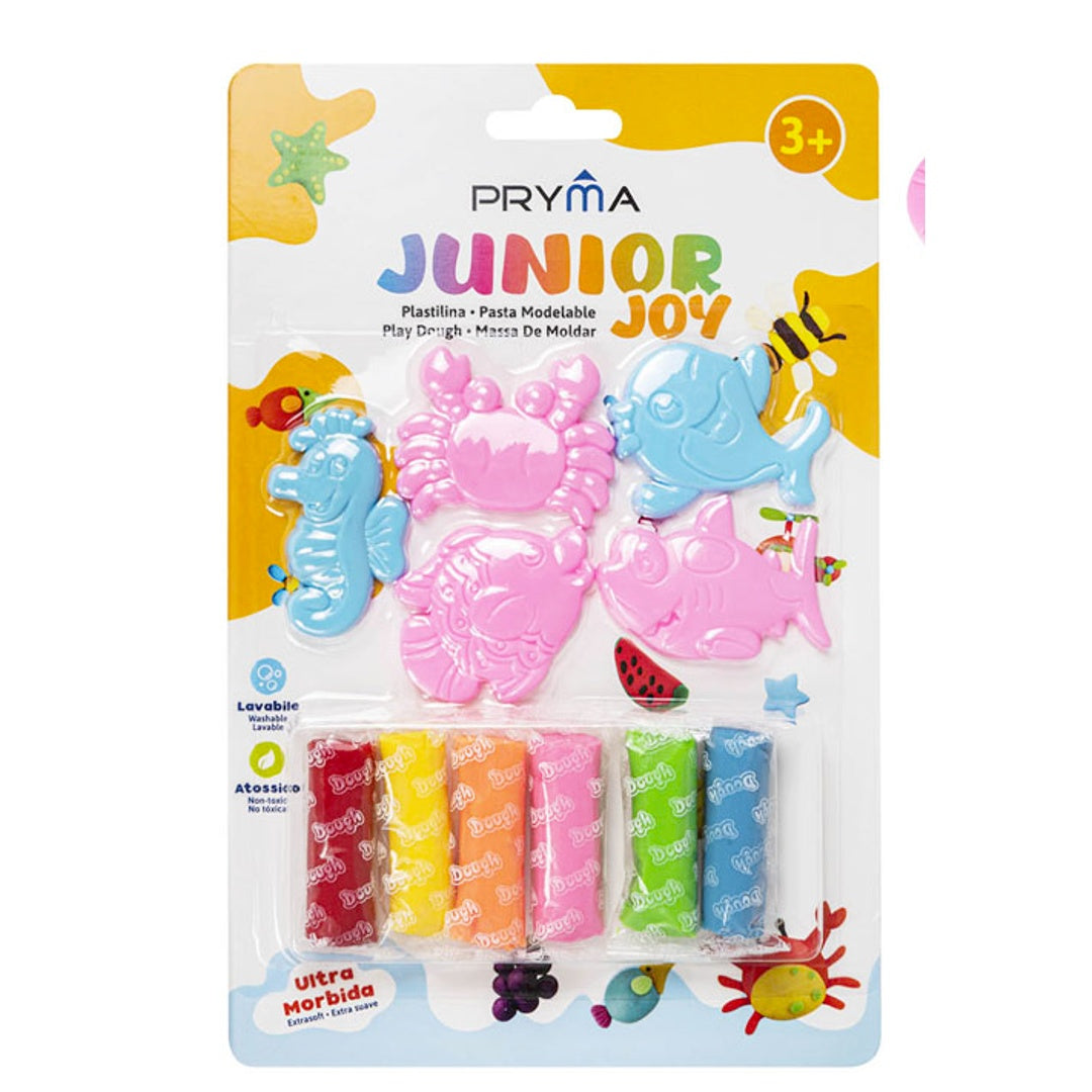 PRYMA Junior Joy Plastilina per Bambini 6 Colori da 15g con Accessori 5 Pezzi – Pasta Modellabile Morbida e Lavabile – Set Creativo con Formine Marine – Gioco Educativo per Bambini 3+ Anni