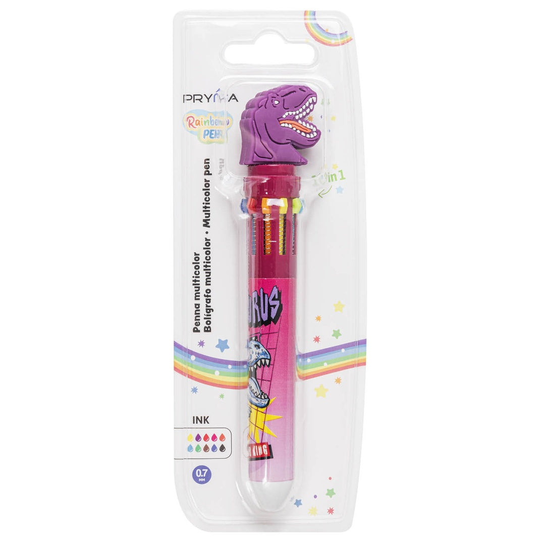 Pryma Penna a Sfera Cancellabile Multicolore 10 in 1 – Punta 0.7 mm – Penna a Sfera con 10 Colori Scrittura Scorrevole – Ideale per Bambini, Scuola e Diario (Fantasia Dinosauro)