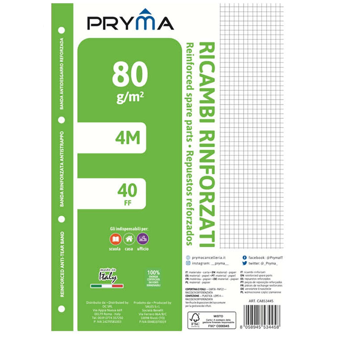 Pryma Ricambi Rinforzati FSC A4 – Confezione 5 Blocchi da 40 Fogli 80 G – Carta per Quaderni ad Anelli, Foratura Universale (Quadretti 4m)