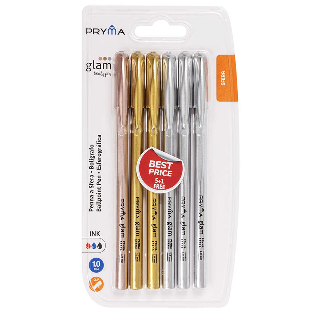 Penna Sfera Glam 1mm - Set 6 Pezzi | Inchiostro Rosso, Blu e Nero | Scrittura Scorrevole, Design Elegante per Ufficio, Scuola e Casa