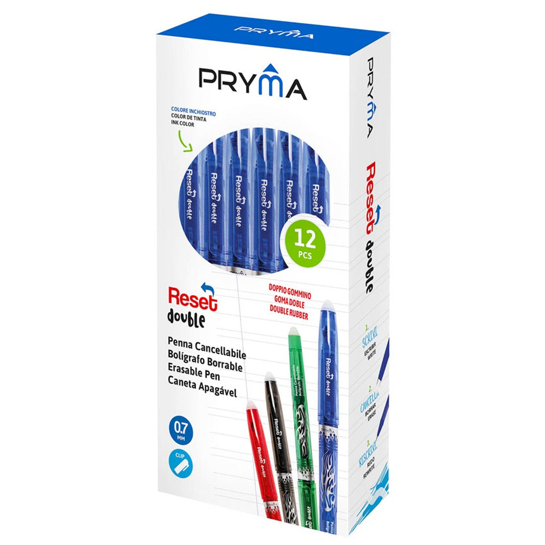 Pryma Penna Cancellabile Reset 0.7 Mm con Gomma – Inchiostro Blu, Scrittura Fluida e Precisa, Confezione da 12 Pezzi