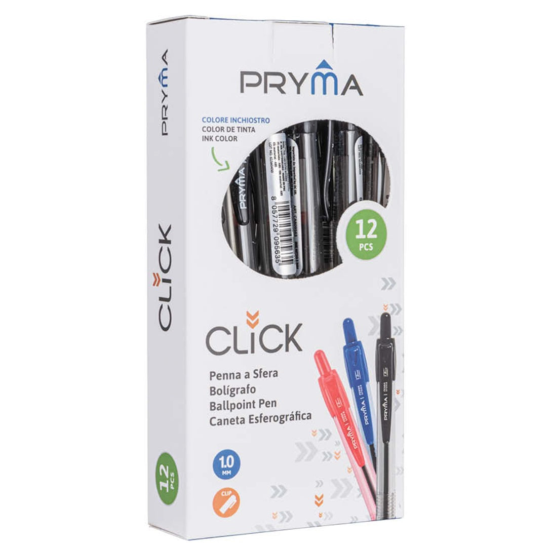 Pryma Penna a Sfera a Scatto Click 1 Mm – Pacco da 12 Penne Puntale Medio per Scuola, Ufficio e Casa (Nero)