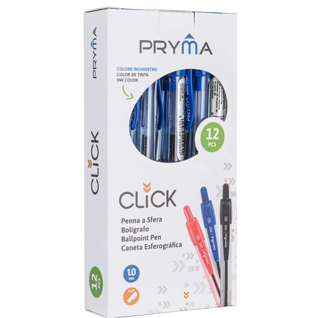 Pryma Penna a Sfera a Scatto Click 1 Mm – Pacco da 12 Penne Puntale Medio per Scuola, Ufficio e Casa (Blu)