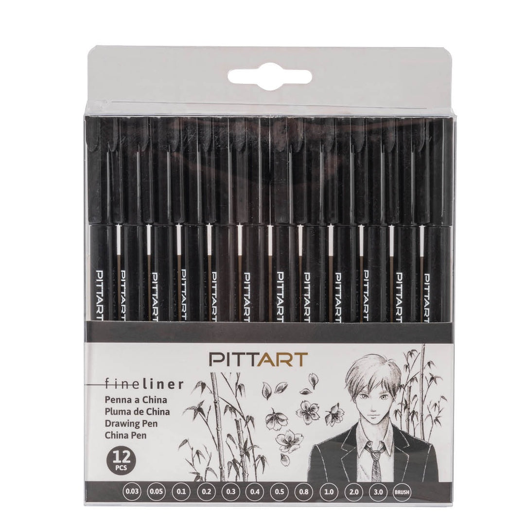 Pryma Fineliner 12 pz – Punta Nera Waterproof – Tappo con Clip – Pennarelli Tecnici a Punta Fine di Dimensioni Assortite – Ideali per Disegno, Scrittura, Bullet Journal, Calligrafia