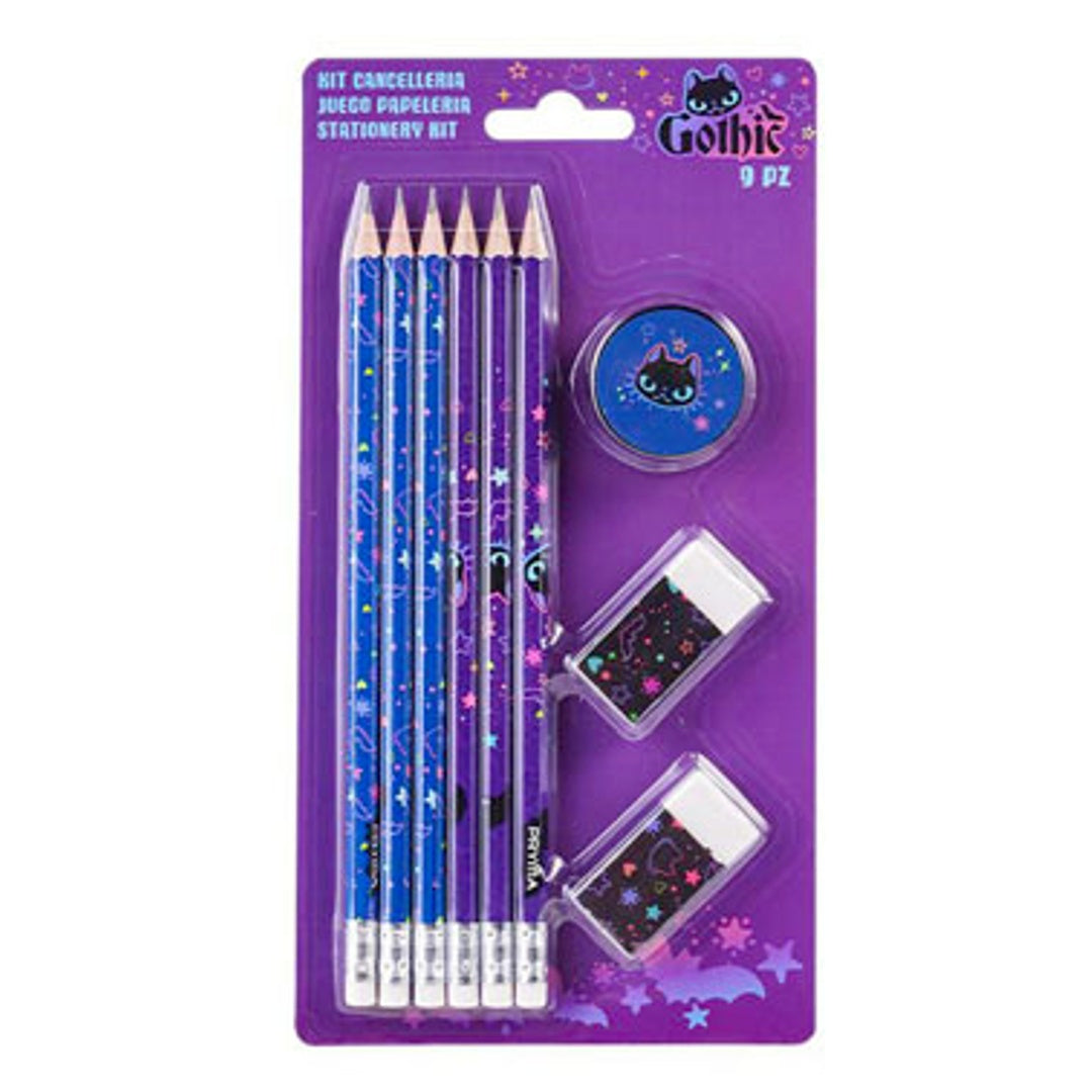 Pryma Set Scuola 9 Pezzi Fantasia Gotica per Bambine – 6 Matite, 2 Gomme e 1 Temperino, Kit Cancelleria per Scuola, Disegno e Tempo Libero