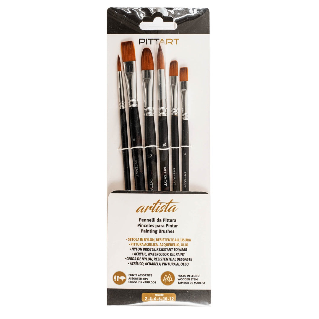 PRYMA Artista Set Pennelli Pittura 6 Pezzi Punte Assortite Misure 2-4-6-6-10-12 – Pennelli Professionali per Acrilico, Olio e Acquerello – Ideali per Artisti, Hobby e Belle Arti