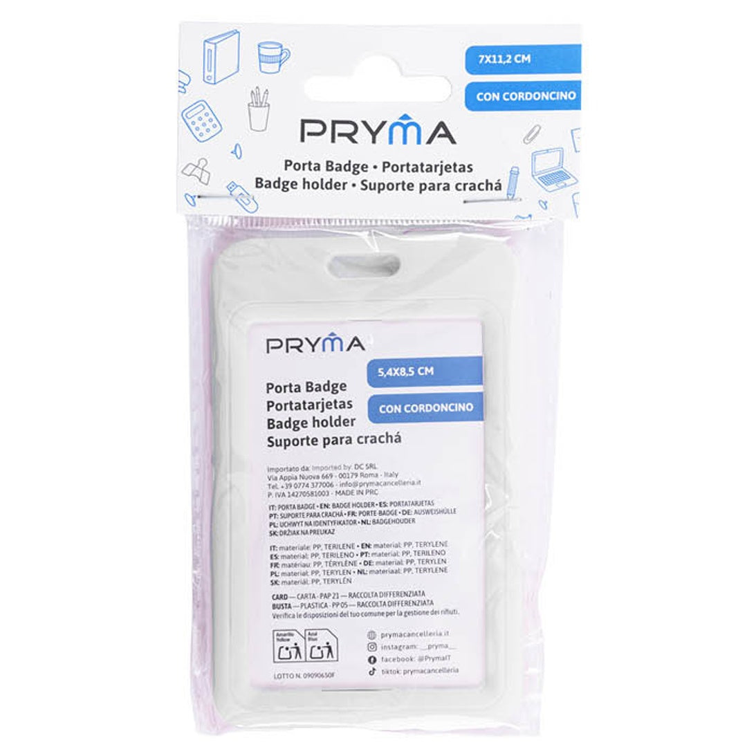 Pryma Portabadge con Corda 7x11,2 cm – Set da 12 Pezzi – Porta Badge Trasparente con Cordoncino a Clip – Porta Tesserino Identificativo – Ideale per Eventi – Alloggiamento Badge 5,4x8,5 cm