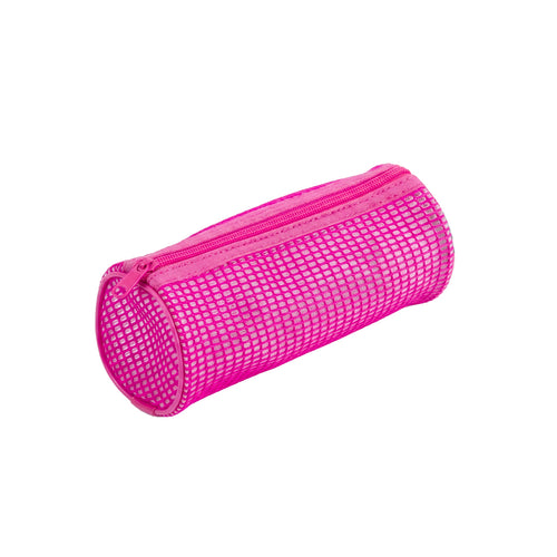 PRYMA Astuccio Cilindrico in Tessuto Mesh Rosa, 21x8cm – Portapenne a Tombolo con Cerniera Fluo, Organizer Traspirante e
