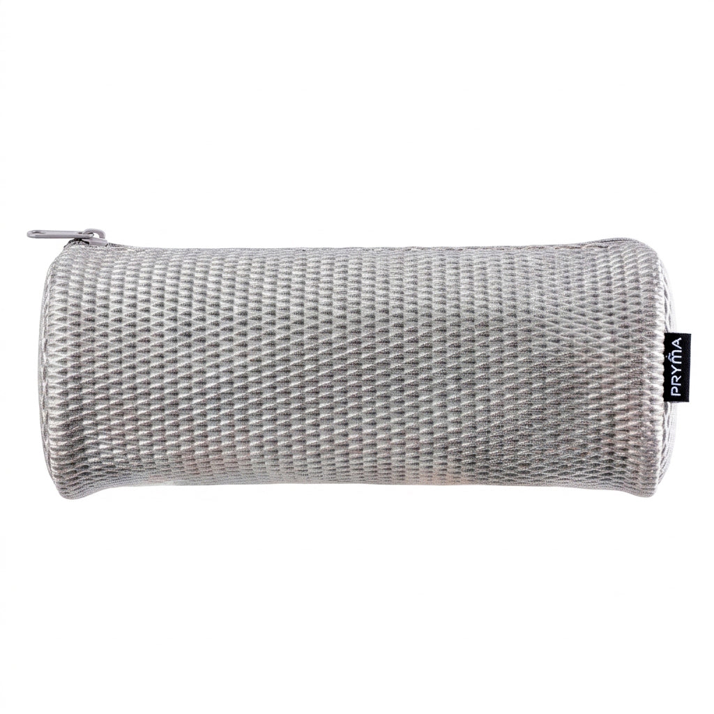 PRYMA Astuccio Cilindrico in Tessuto Mesh Grigio, 22x8cm – Portapenne a Tombolo con Cerniera, Organizer Traspirante e Ca
