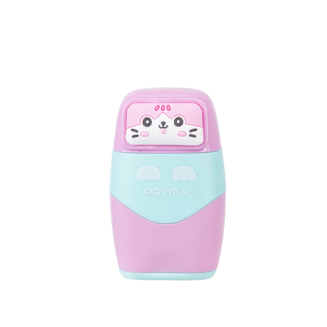 PRYMA Gomma e Temperino 2 Fori Kawaii Rosa (Gattino) – Set 2-in-1 Doppia Funzione, Gomma per Cancellare con Temperamatit