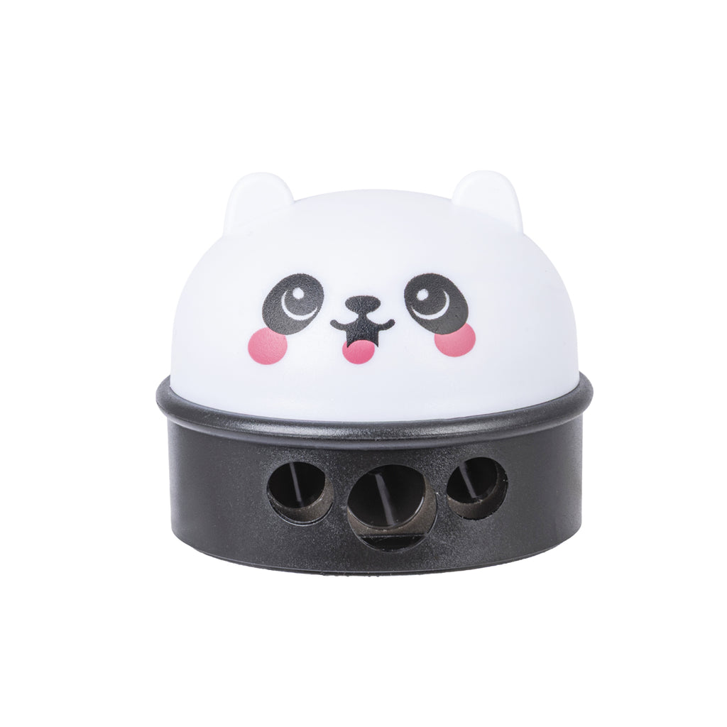 PRYMA Temperino 3 Fori Kawaii Bianco e Nero (Panda), 6 x 6 x 5 cm – Temperamatite con Serbatoio per Matite Standard, Gra