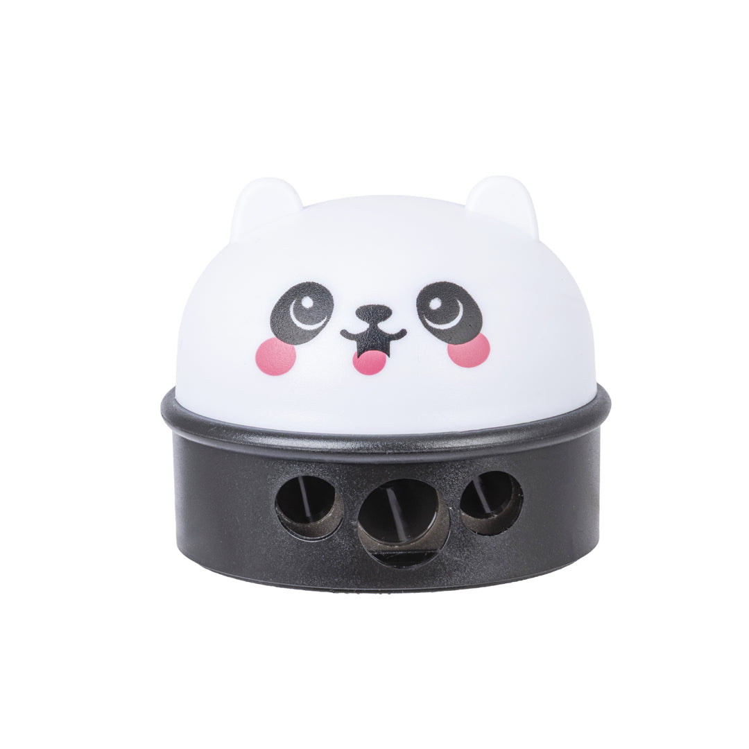 PRYMA Temperino 3 Fori Kawaii Bianco e Nero (Panda), 6 x 6 x 5 cm – Temperamatite con Serbatoio per Matite Standard, Gra