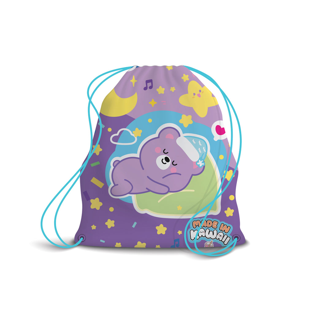 PRYMA Zaino a Sacco Kawaii Viola e Azzurro (Orsetto), 25 x 35 cm – Sacchetta Coulisse Portascarpe e Cambio per Asilo, Sc