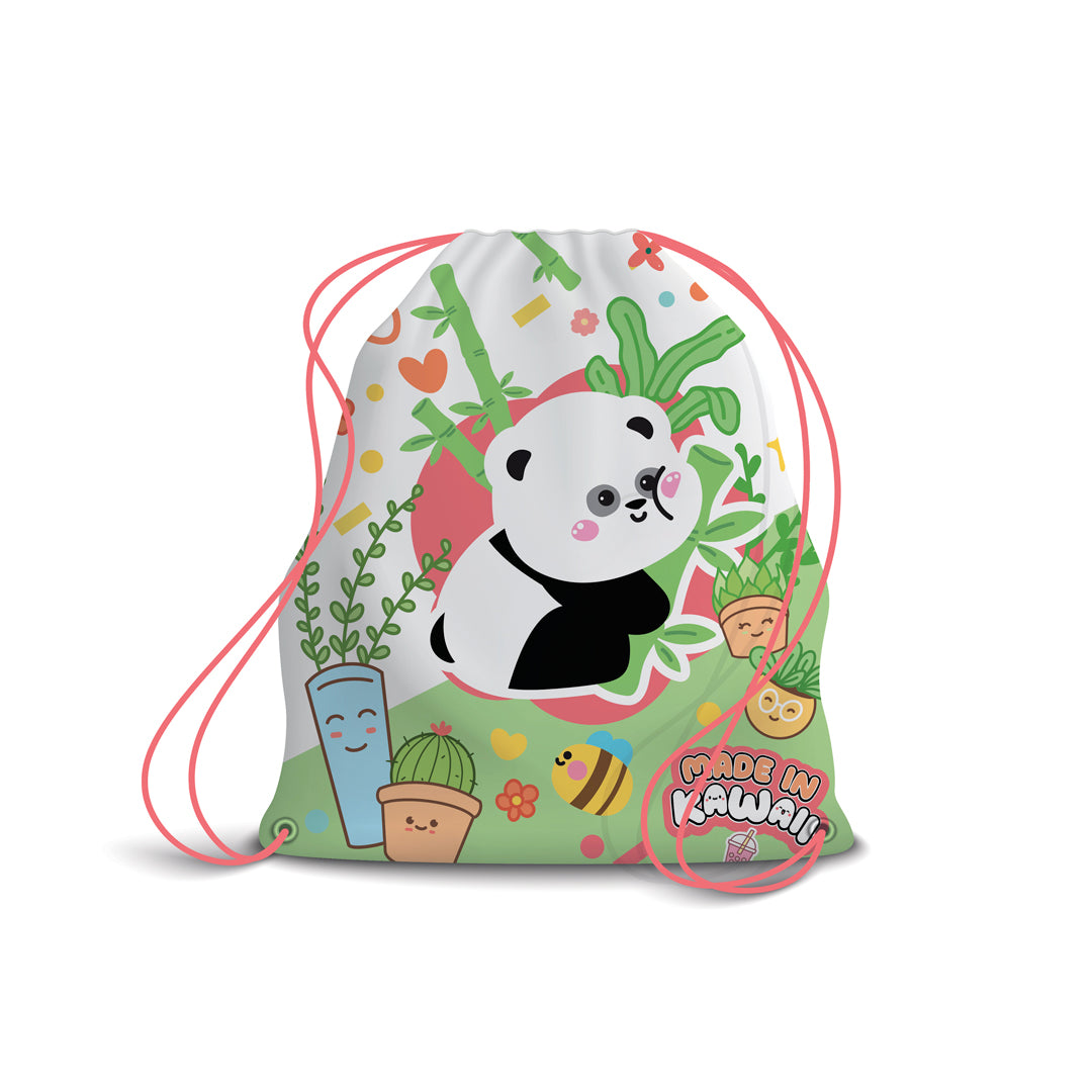 PRYMA Zaino a Sacco Kawaii Verde e Bianco (Panda), 25 x 35 cm – Sacchetta Coulisse Portascarpe e Cambio per Asilo, Scuol