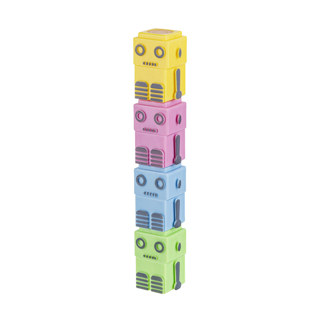 Glow Pop Set Evidenziatori per Bambini a Forma di Robot Componibili, 4 Colori Fluorescenti Impilabili