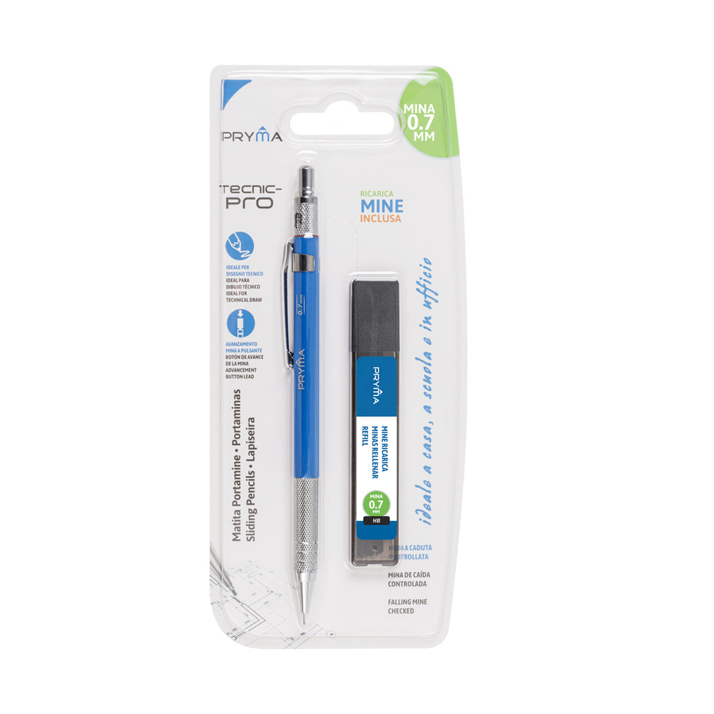 Pryma Portamina Professionale HB 0.7mm – Matita Meccanica Metallica Clip Scuola e Ufficio, Blu